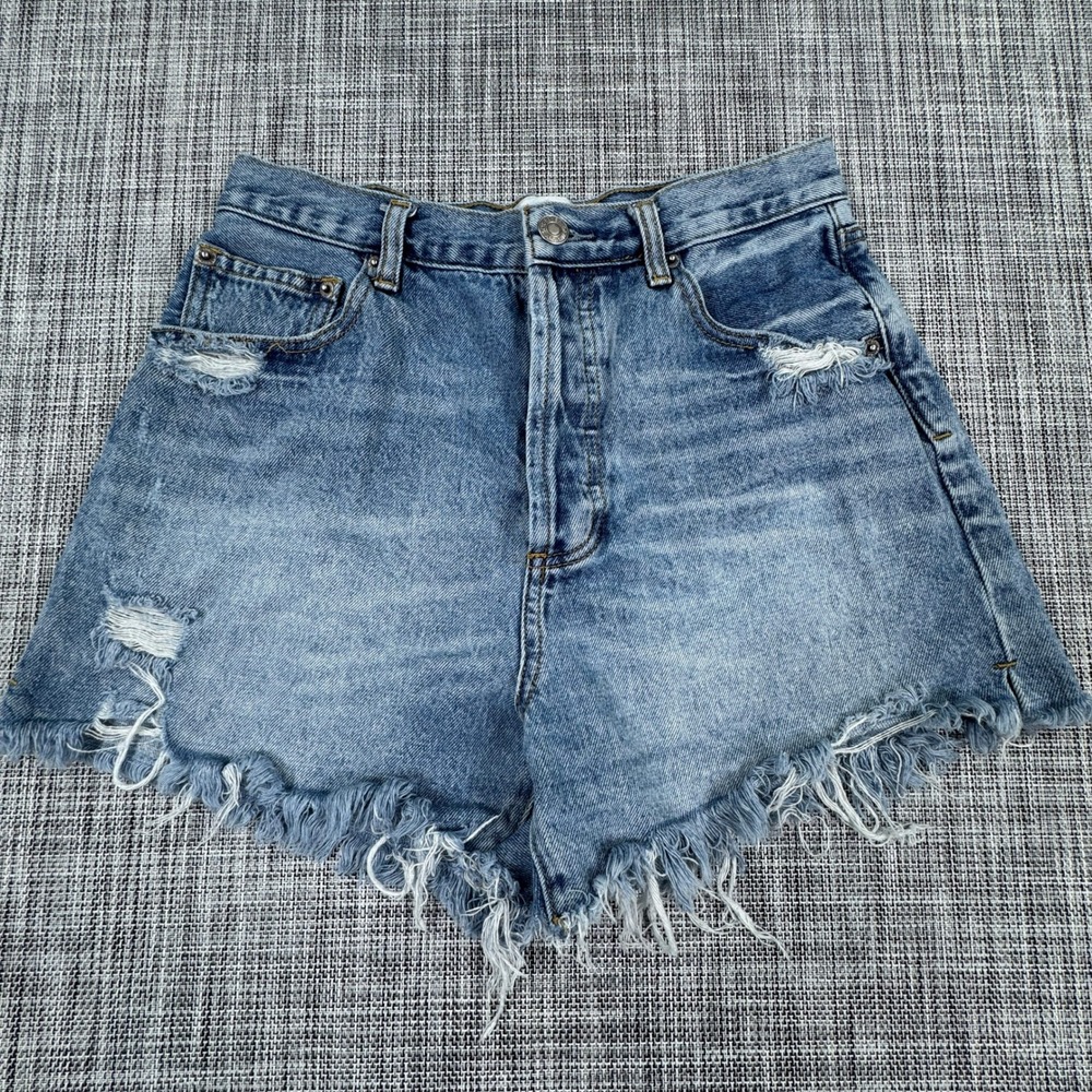 By Together Women's Denim Shorts Medium Blue High Rise Distressed Frayed Raw Hem